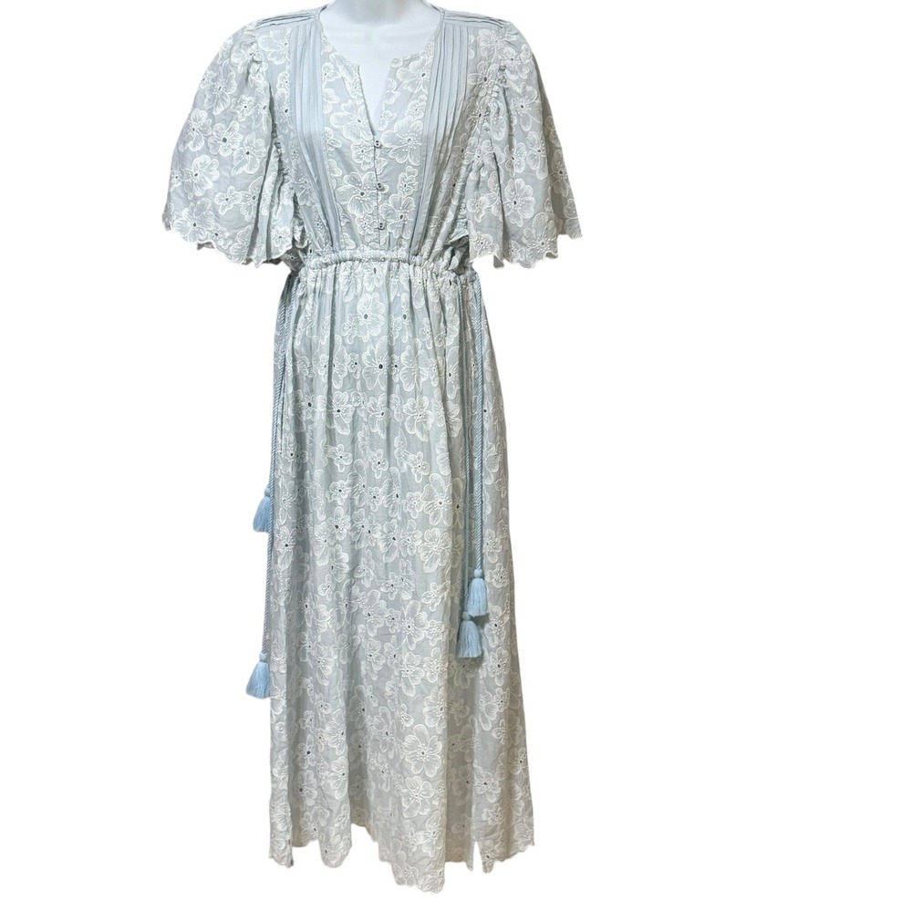 Baybala Blue Floral Eyelet Cotton Maxi Dress XL Boho Tassel Tie Pockets